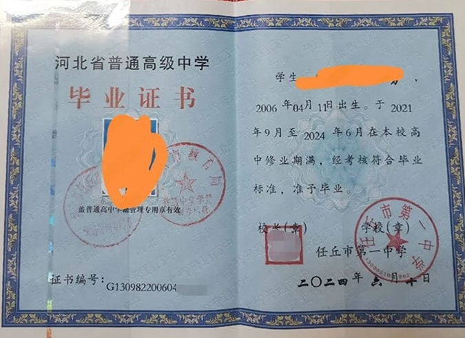 孟津任丘市第一中学高中毕业证样本图片